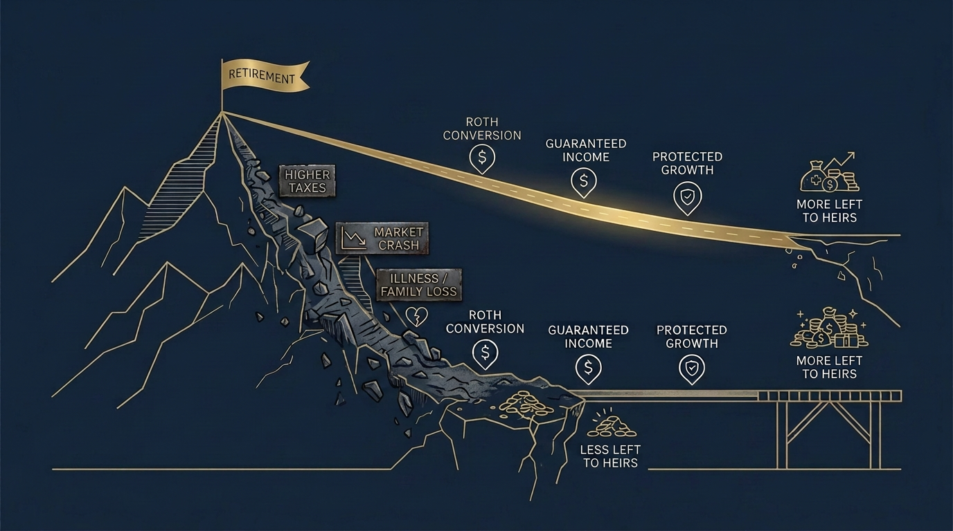 Diagram of two descents from a summit flagged Retirement: a costly path past higher taxes, a market crash and illness ending with less left to heirs, and a designed path of Roth conversion, guaranteed income and protected growth ending on a secure landing