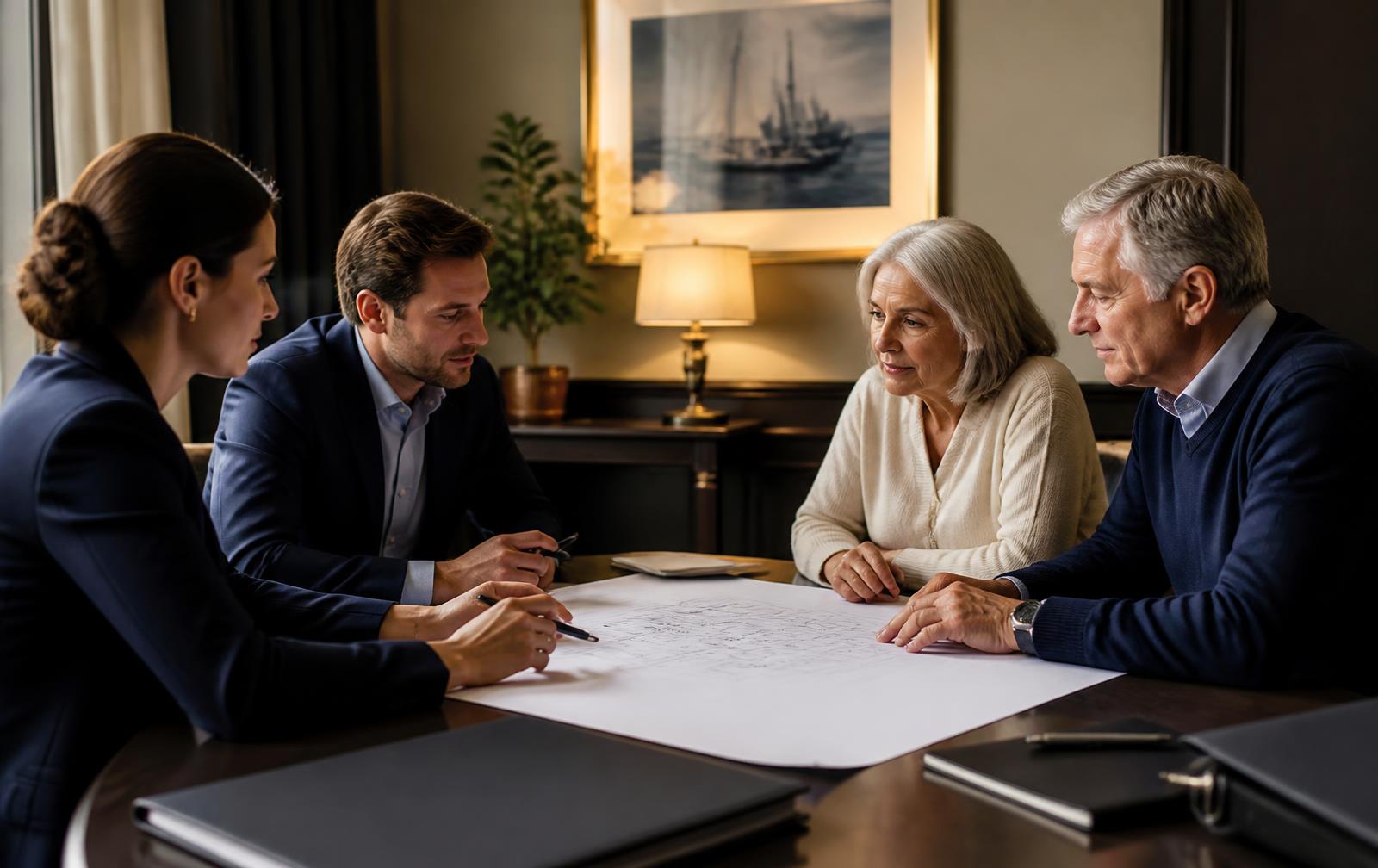 Advisors and a retired couple reviewing a printed blueprint at a conference table