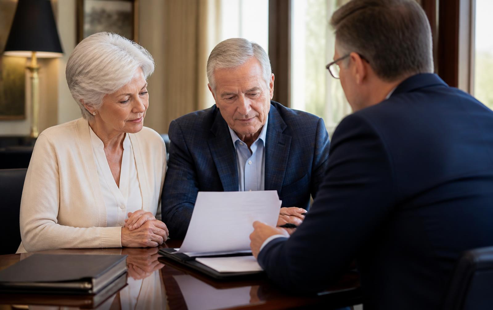 A retired couple reviewing their plan with an advisor across a table