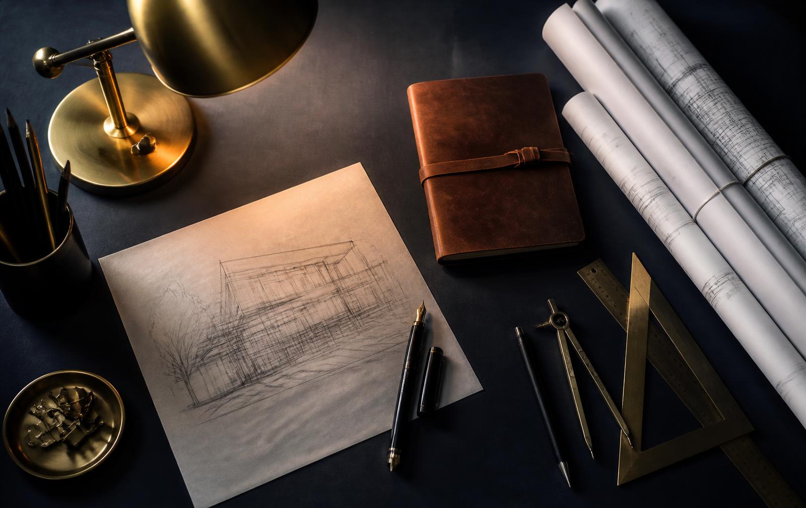 Architect's desk with drafting tools, a fountain pen and rolled technical drawings