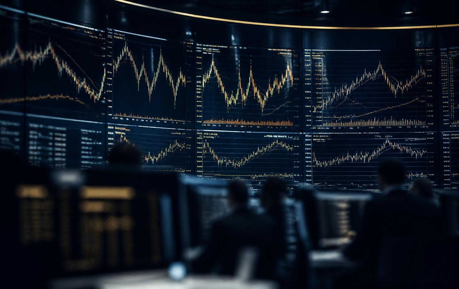 Wall of market charts on a trading floor
