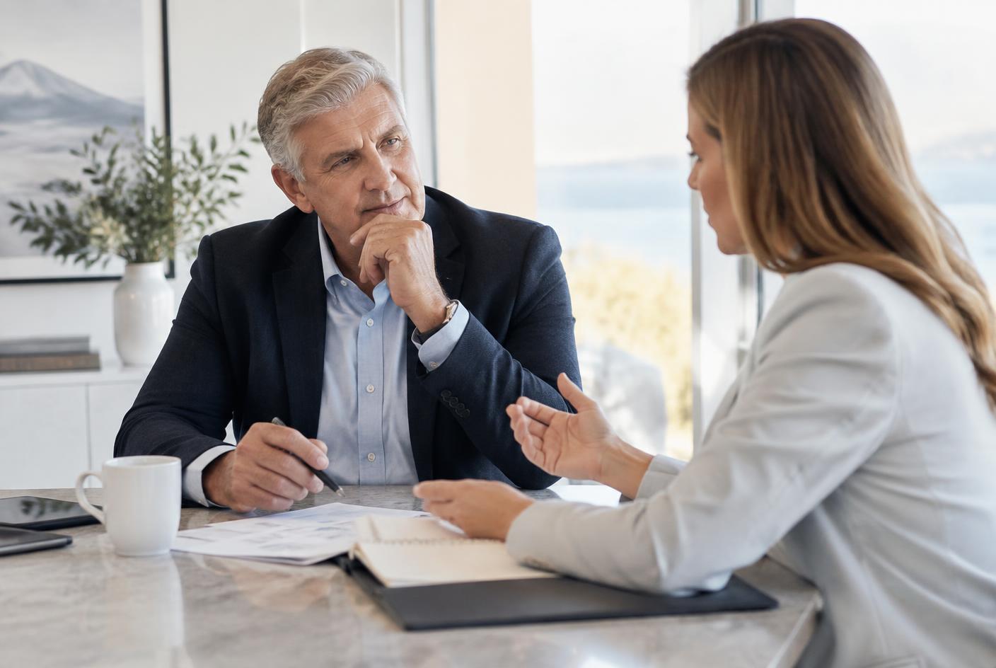 Retirement planning conversation in a bright professional setting
