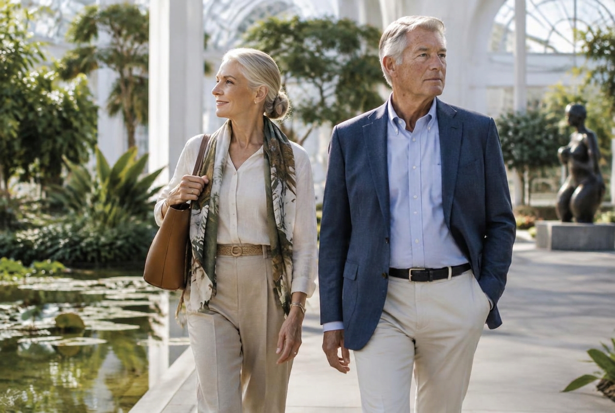 Retired couple in a bright botanical setting